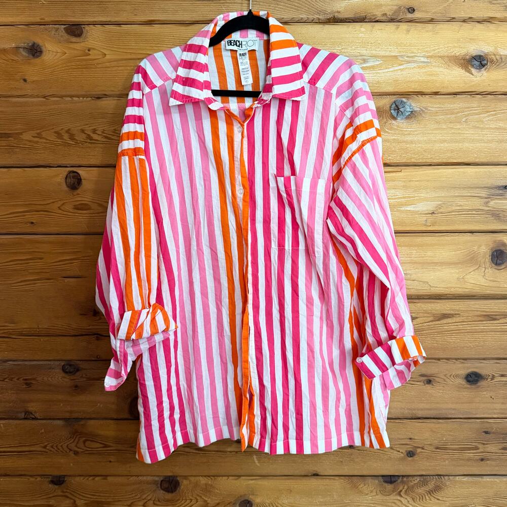 Beach Riot Alexa Striped Button Up Shirt Cover Up Pink Orange Striped Size large